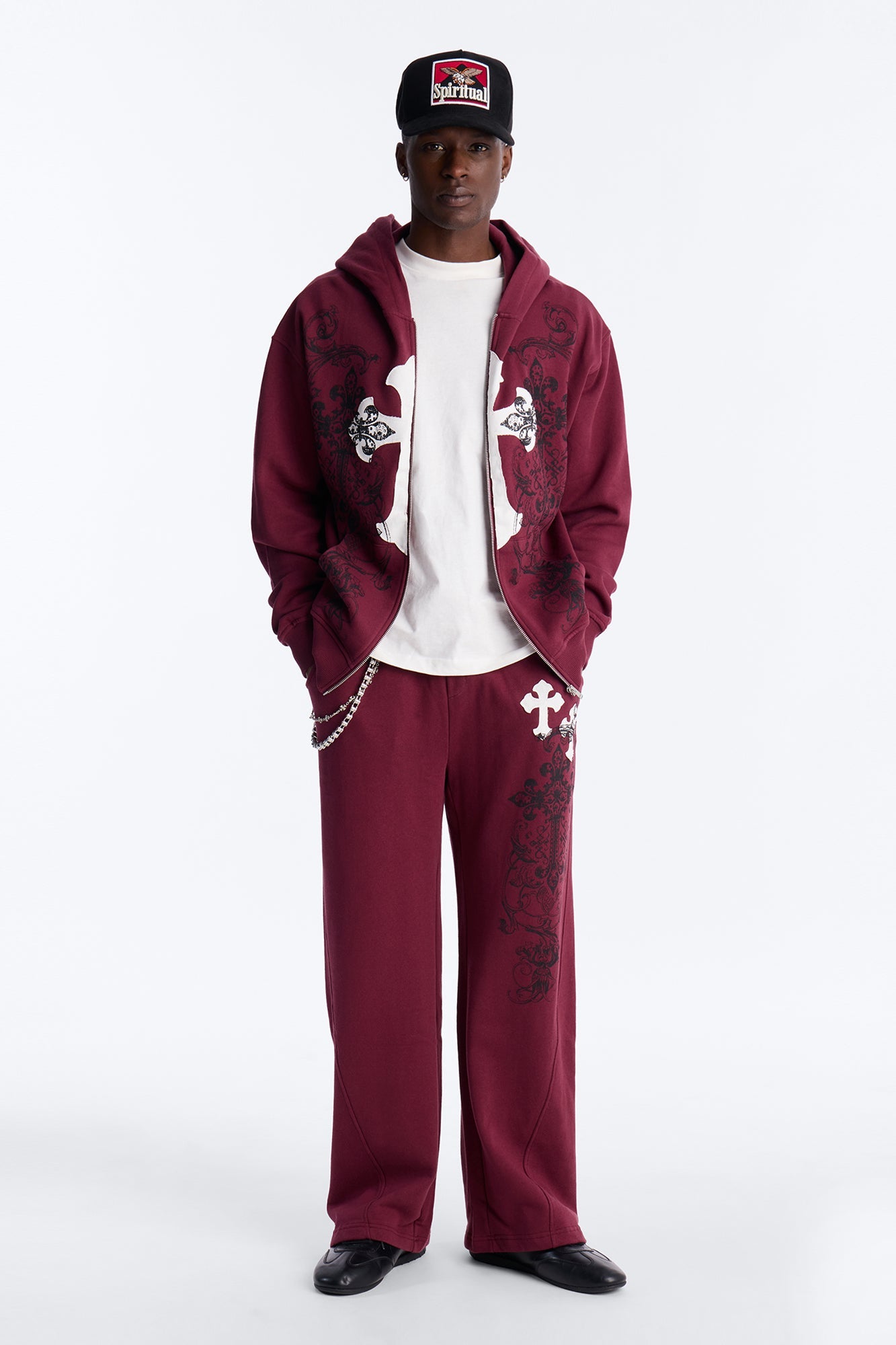 Cross Patch Zip Hoodie - Burgundy