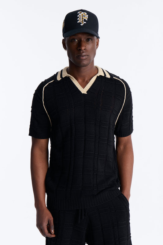 Relaxed Riviera Johnny Collar Knit Polo - Black