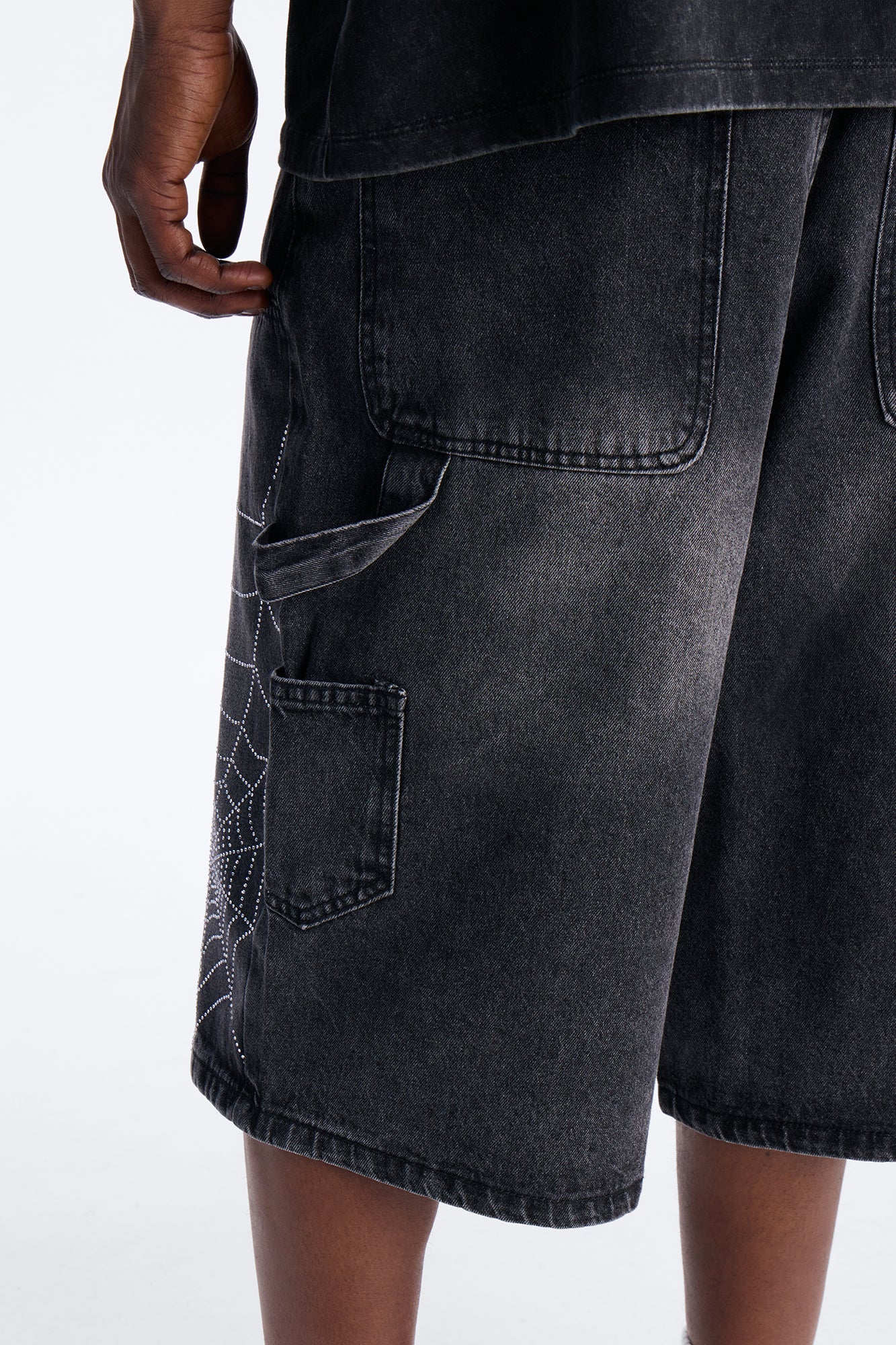 Baggy Jeweled Web Carpenter Denim Short - Black Wash