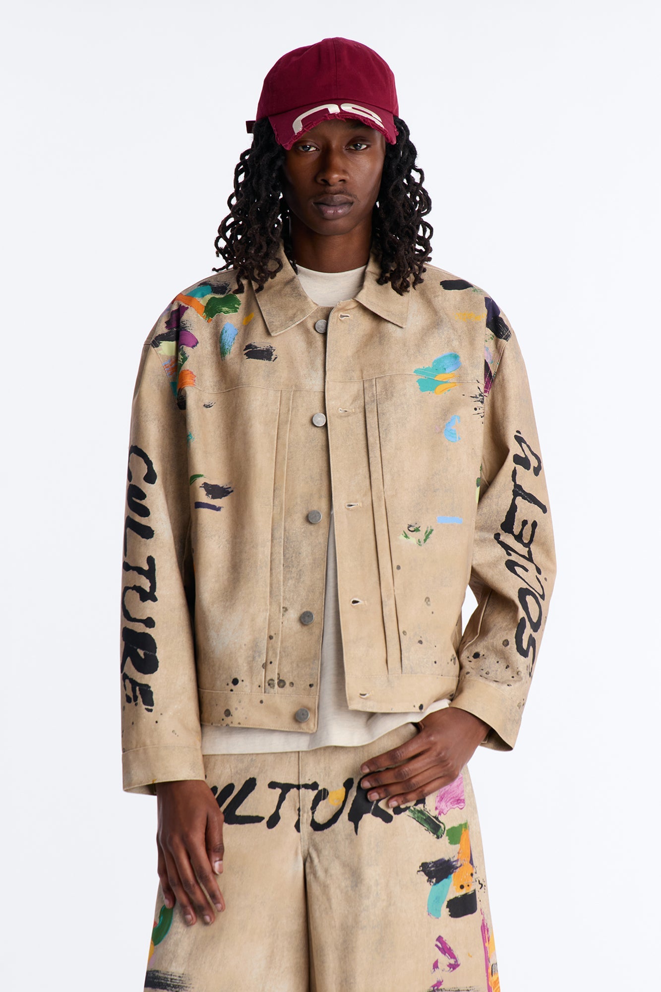 Cropped Culture Society Paint Splatter Boxy Work Jacket - Khaki