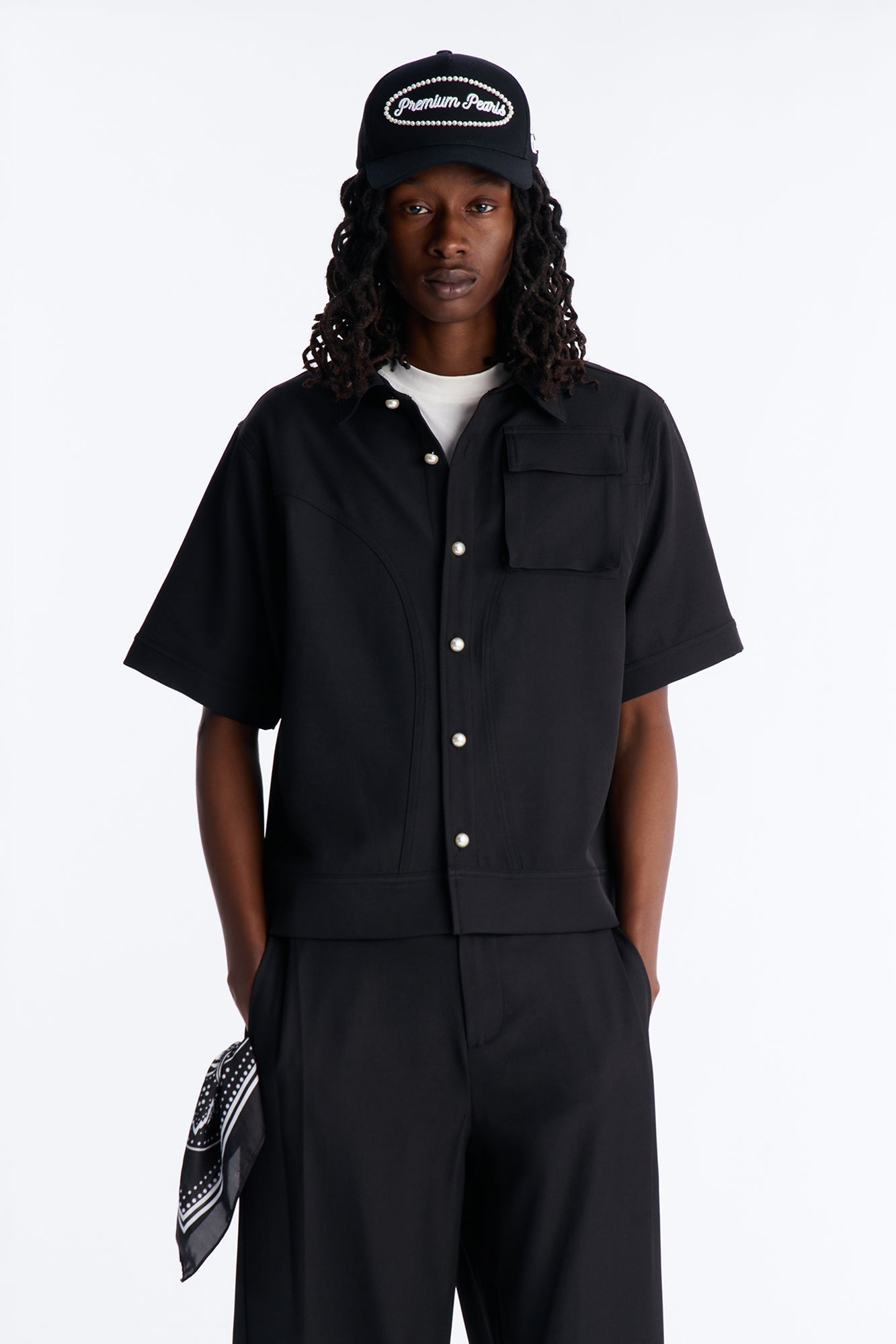Pearl Paneled Utility Button Up Shirt - Black