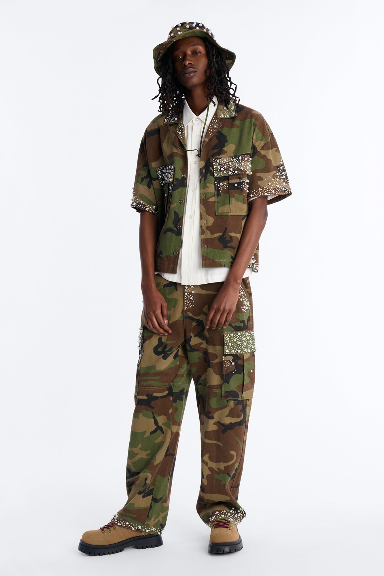 Cropped Pearl World Embellished Shirt - Camouflage