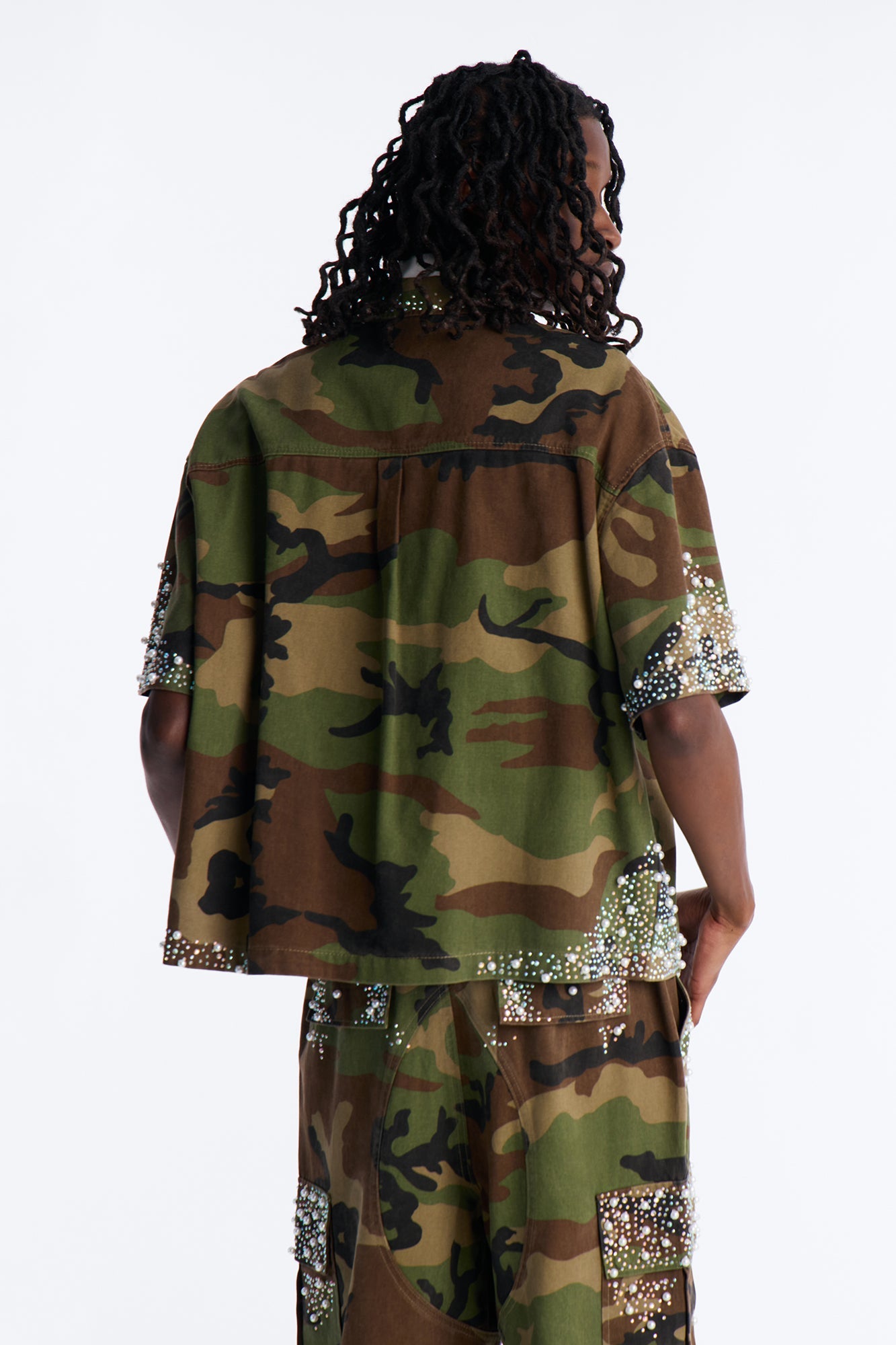 Cropped Pearl World Embellished Shirt - Camouflage