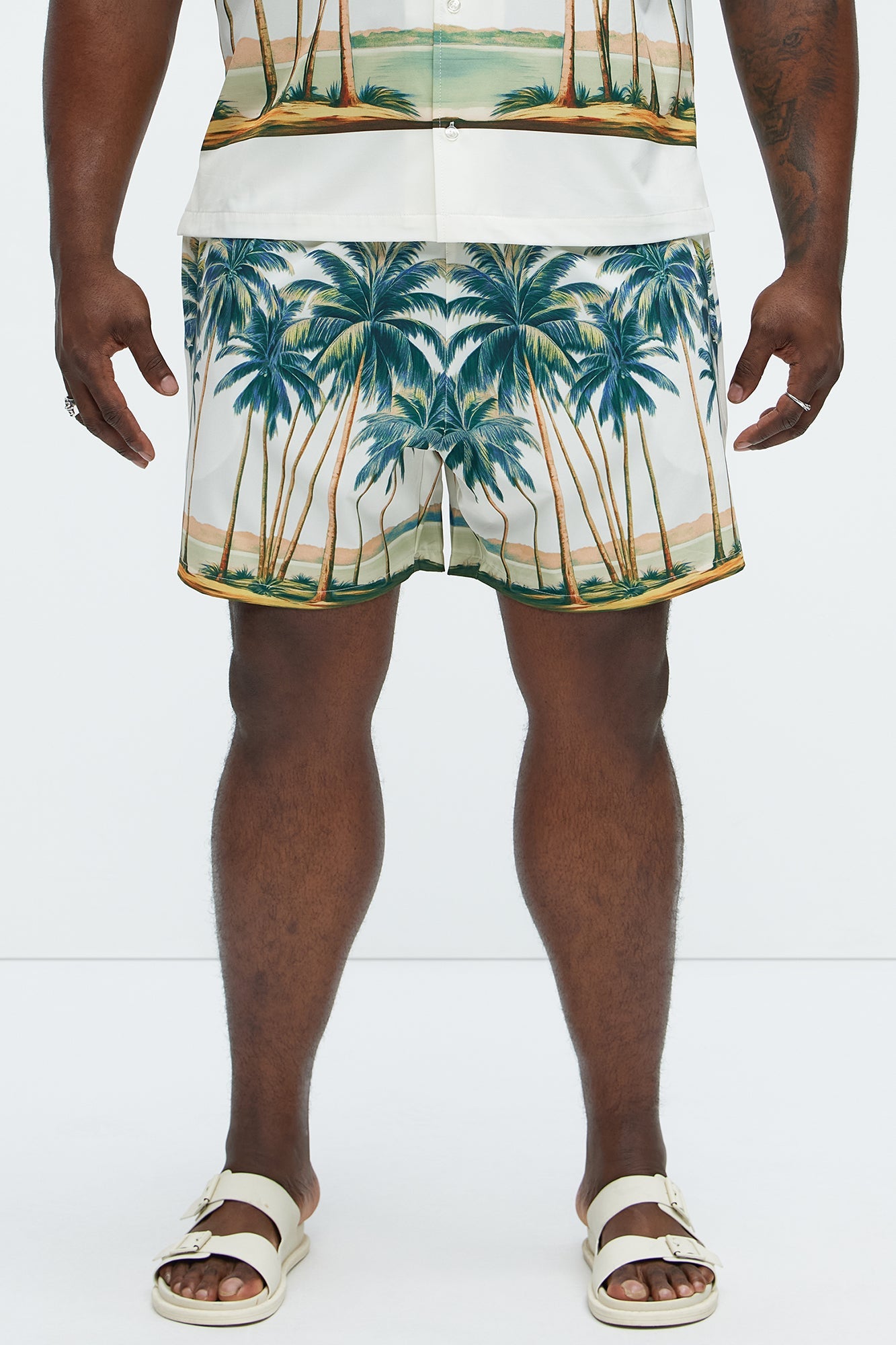 Moulay Palm Printed Swim Mid Trunk - Cream/combo