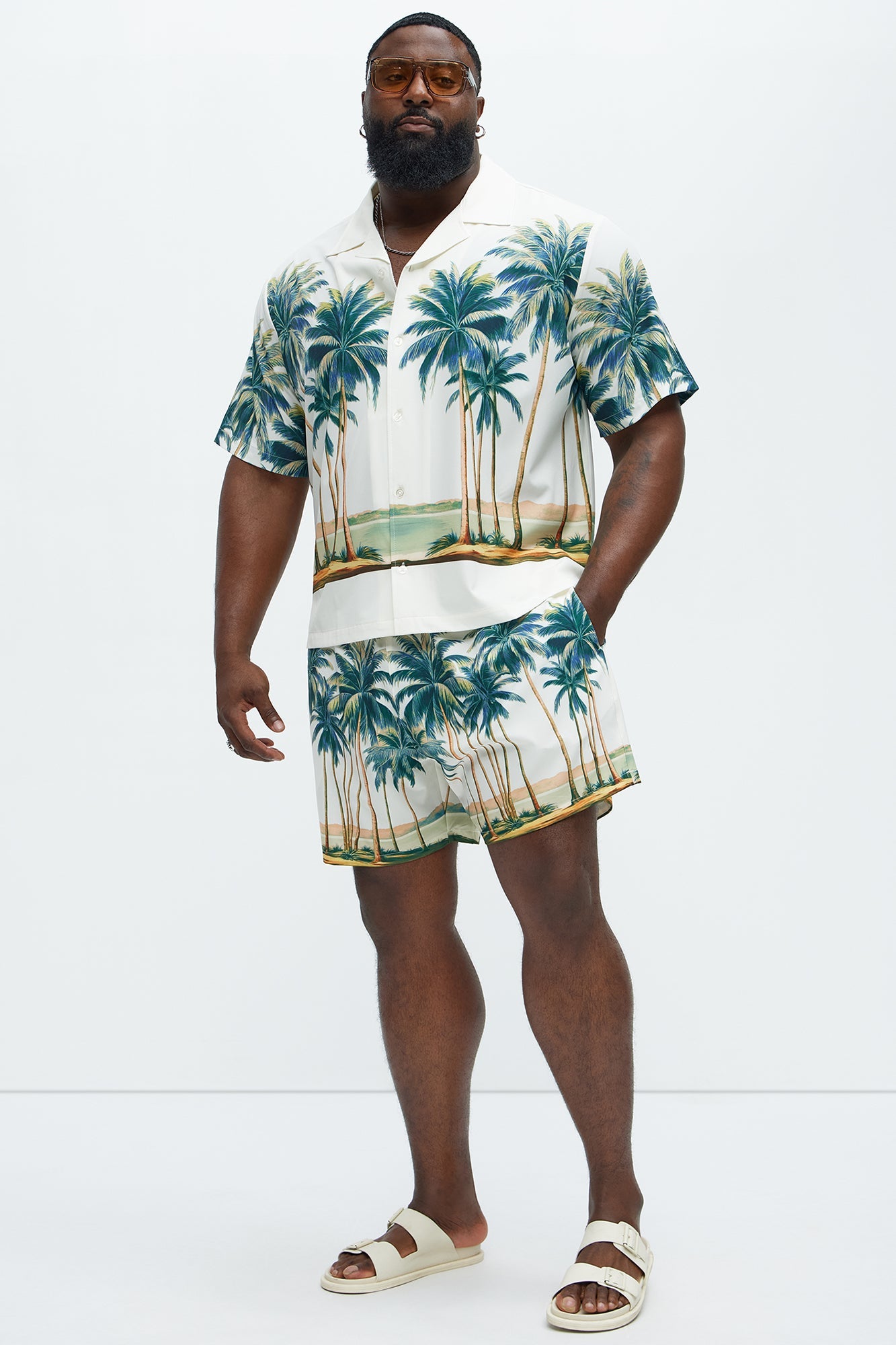 Moulay Palm Printed Swim Mid Trunk - Cream/combo