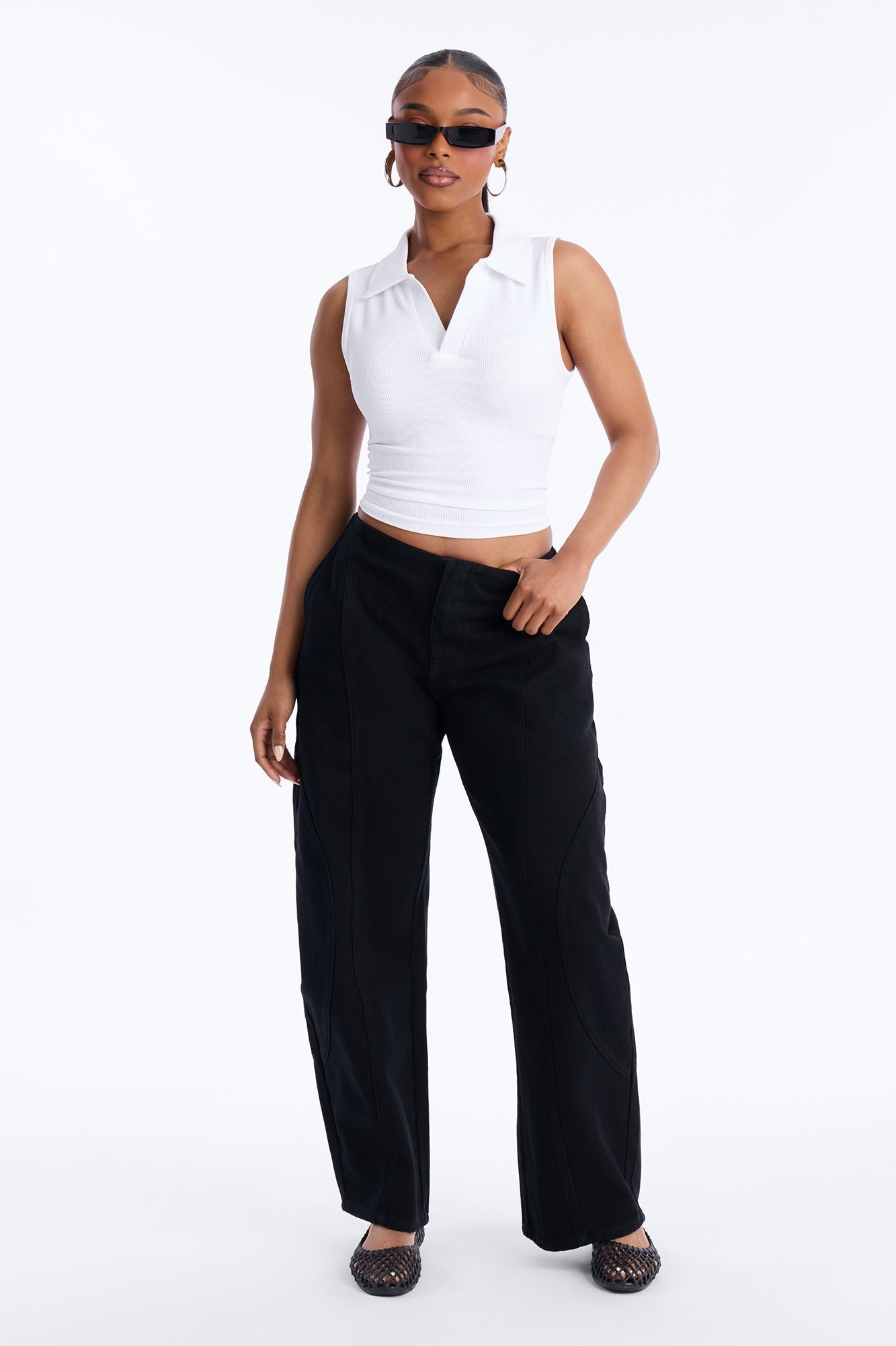 Lyra Seamless Rib Basic Sleeveless Collared Top - White NEWFASHIONEDGE