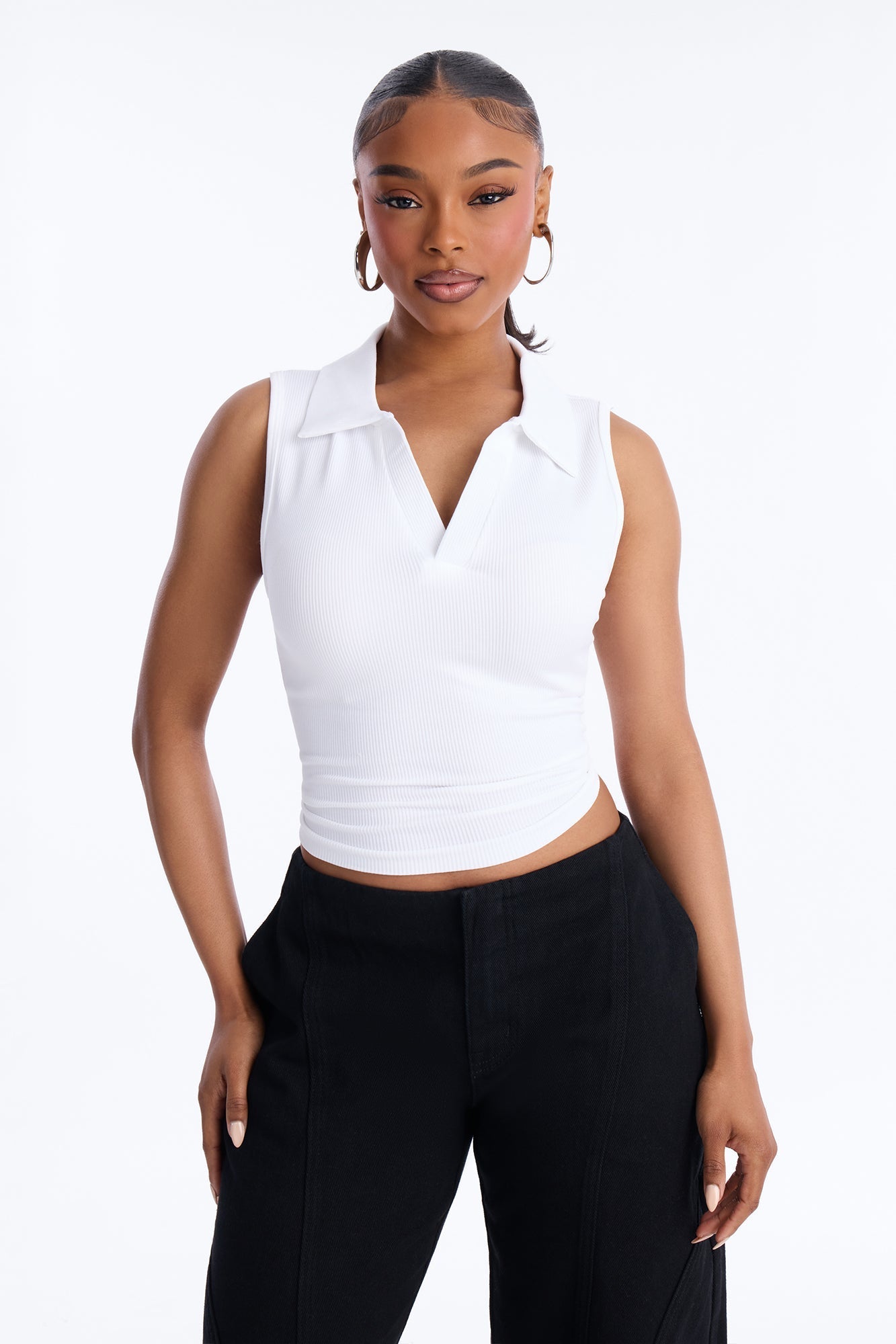 Lyra Seamless Rib Basic Sleeveless Collared Top - White NEWFASHIONEDGE