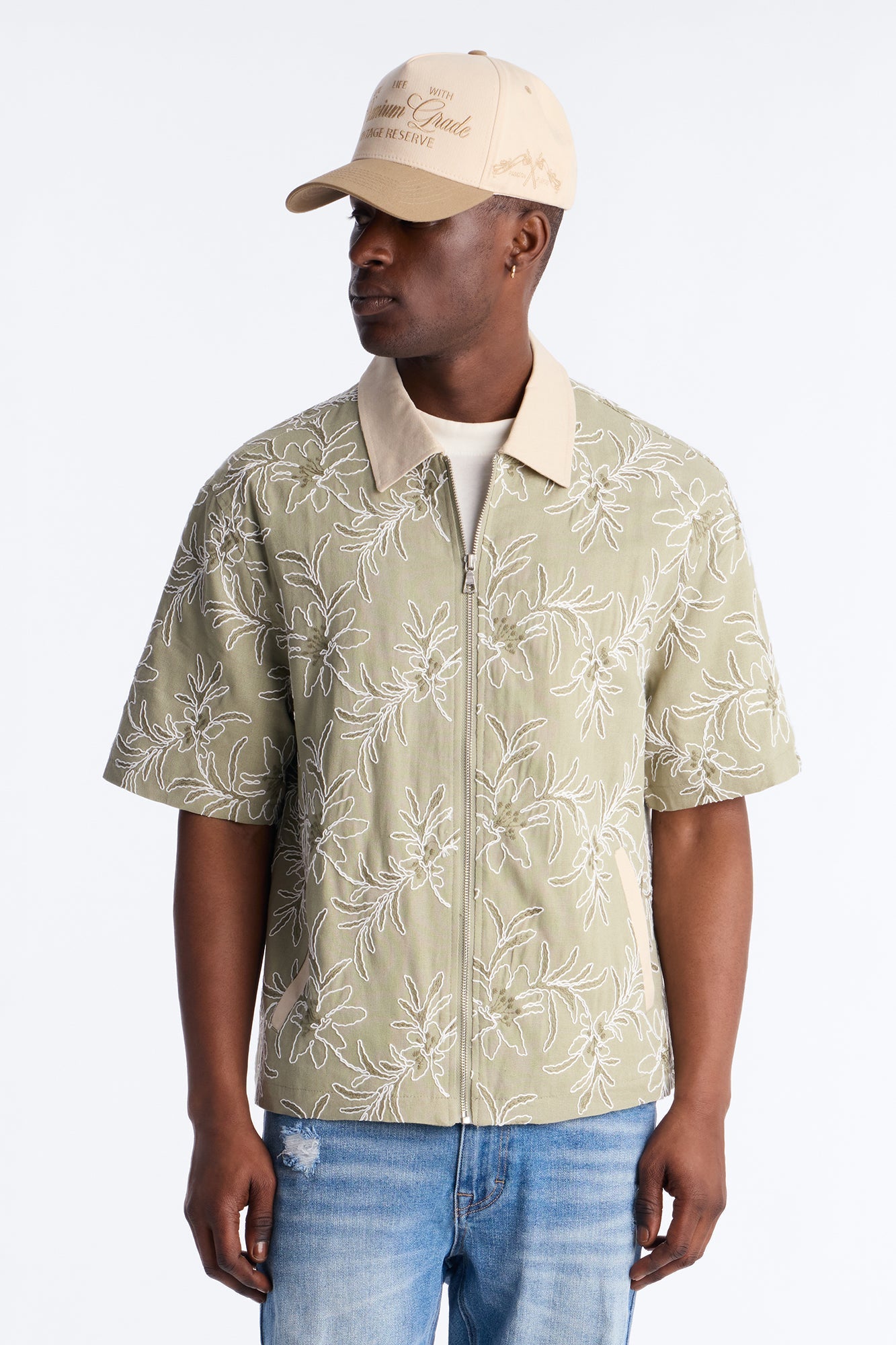 Relaxed Island Riot Embroidered Zip Shirt - Olive