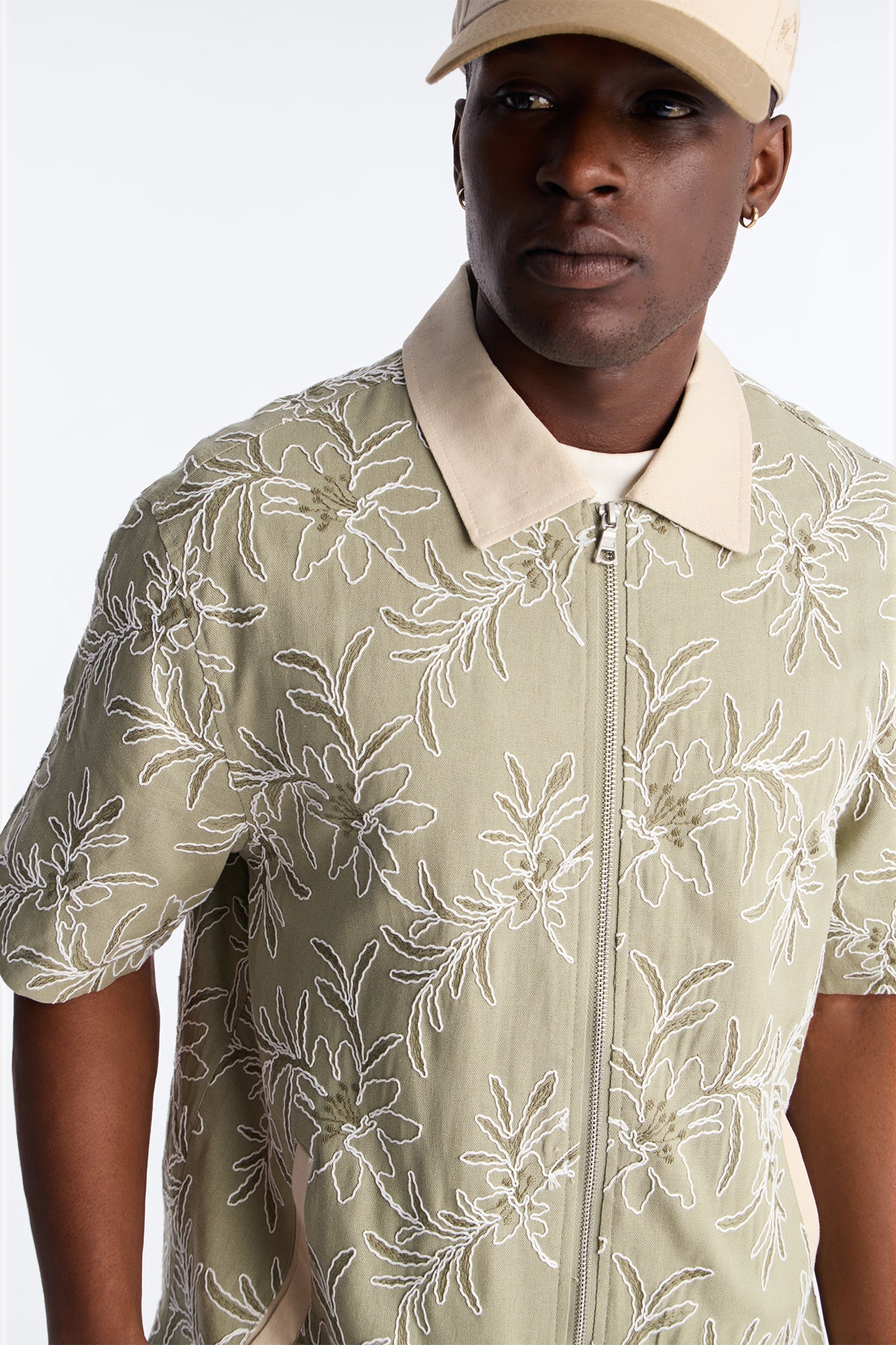 Relaxed Island Riot Embroidered Zip Shirt - Olive