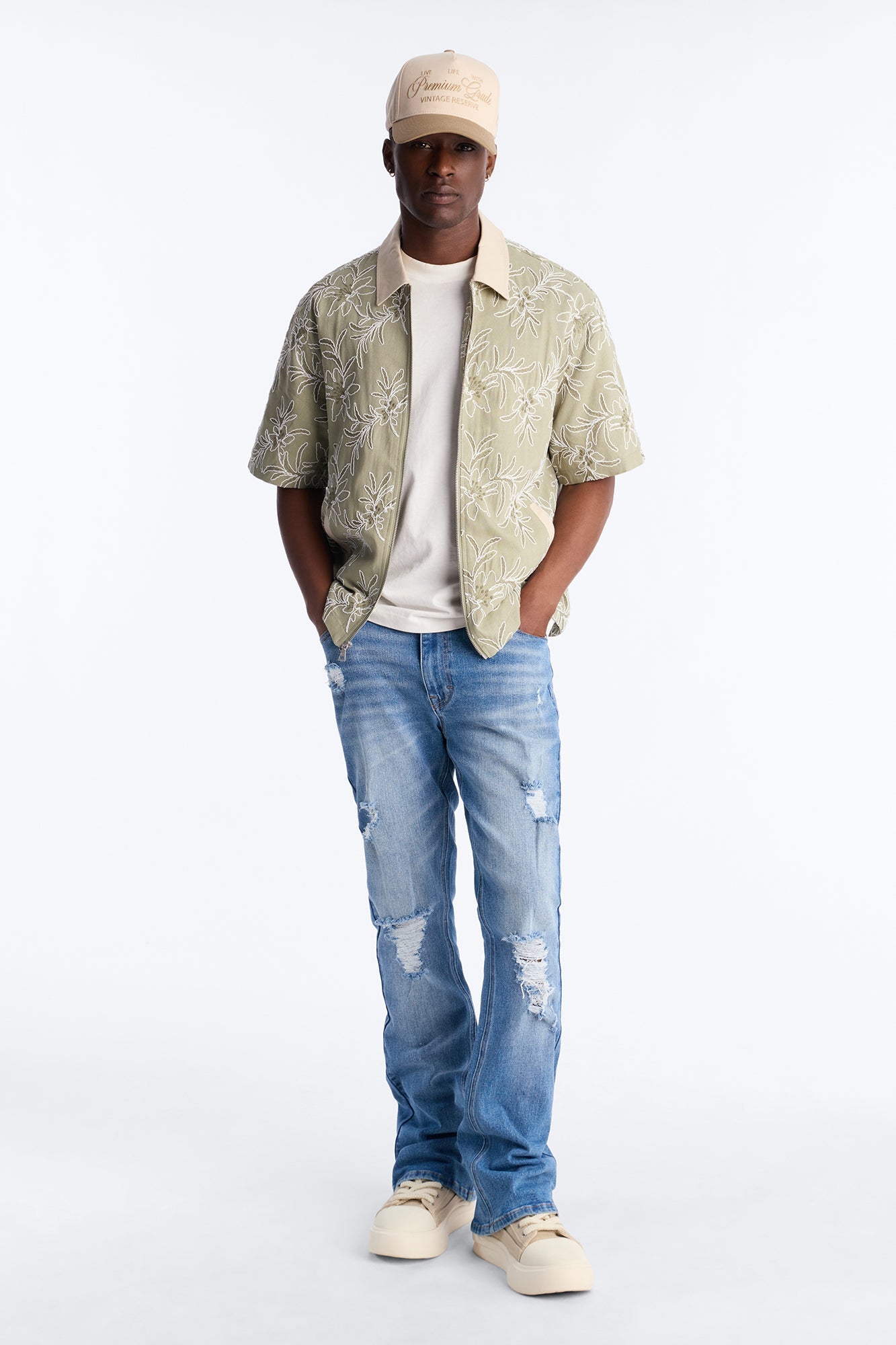 Essential Destroyed Stacked Skinny Flare Stretch Jean - Medium Blue Wash