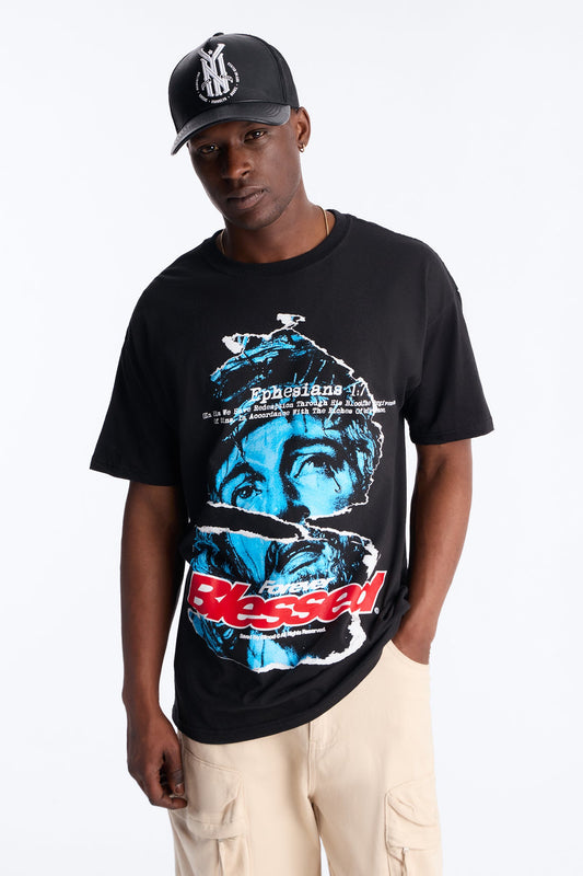 Never Stressed Forever Blessed Oversized Short Sleeve Tee - Black