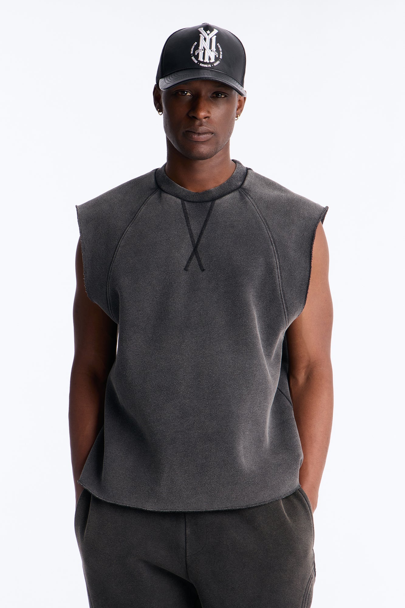 Washed Raw Edge Relaxed Muscle Tee - Black Wash