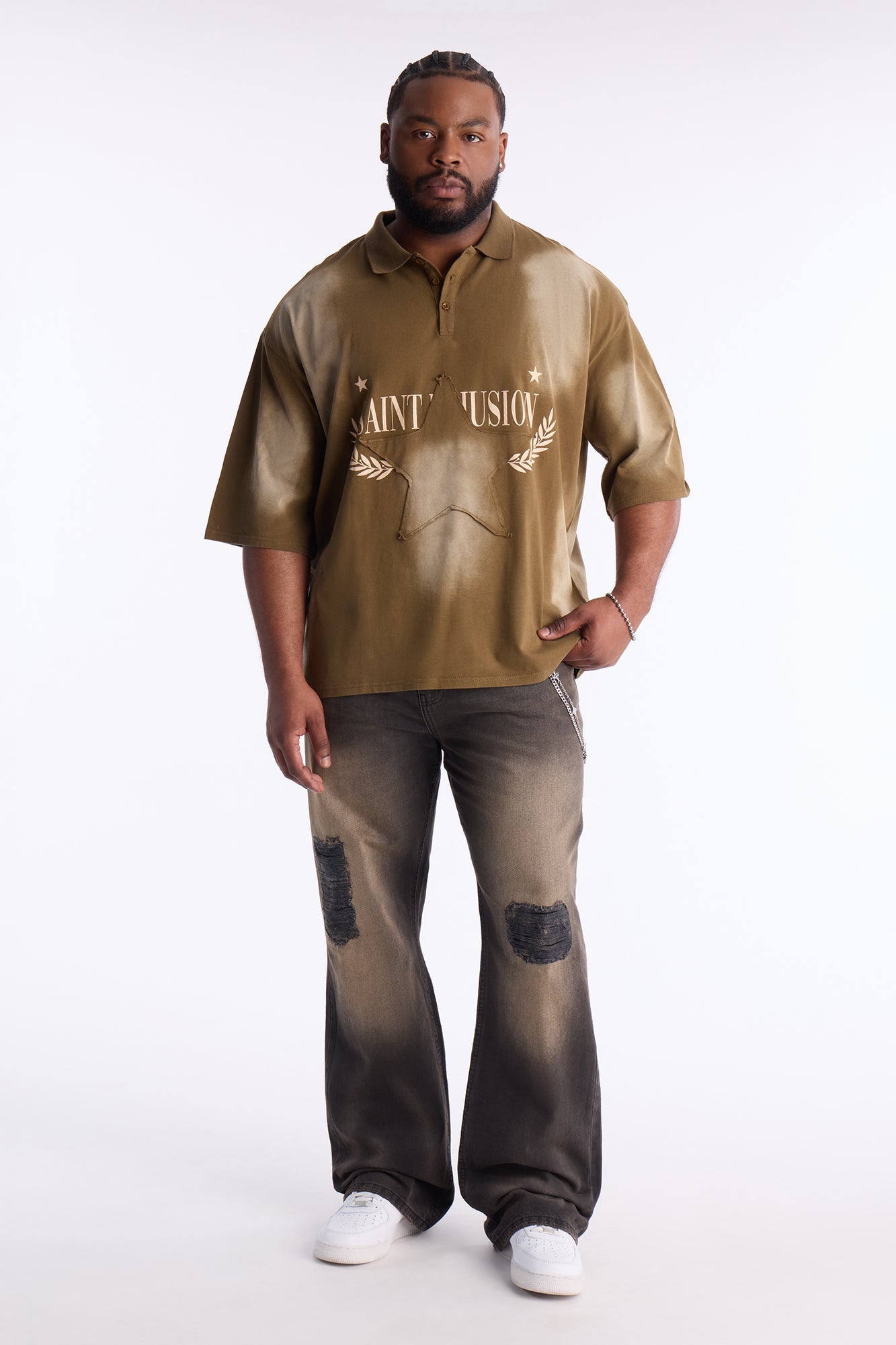 Stars And Saints illusion Short Sleeve Knit Polo - Brown