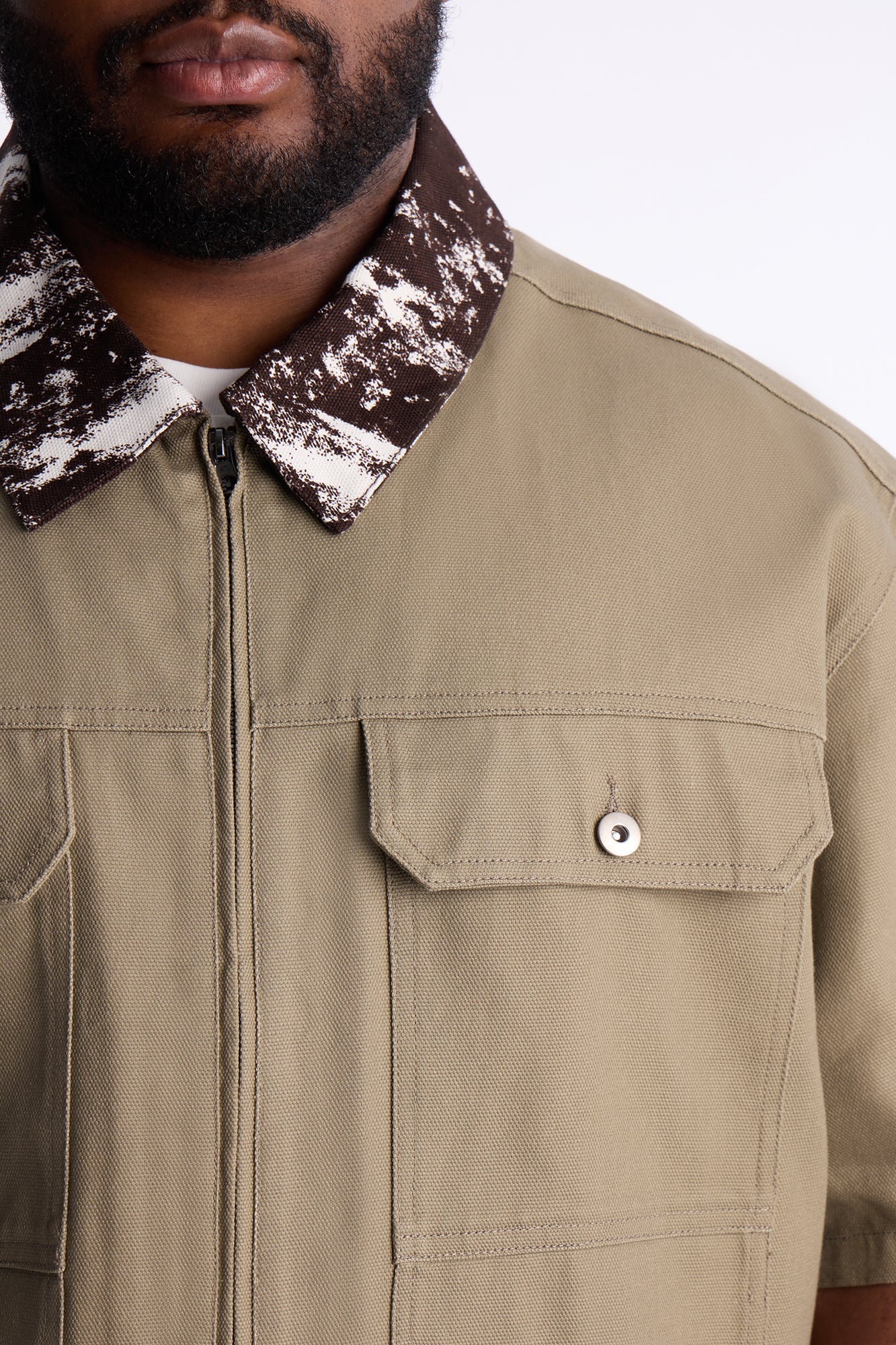 Canon Contrast Collar Zip Up Shirt - Taupe