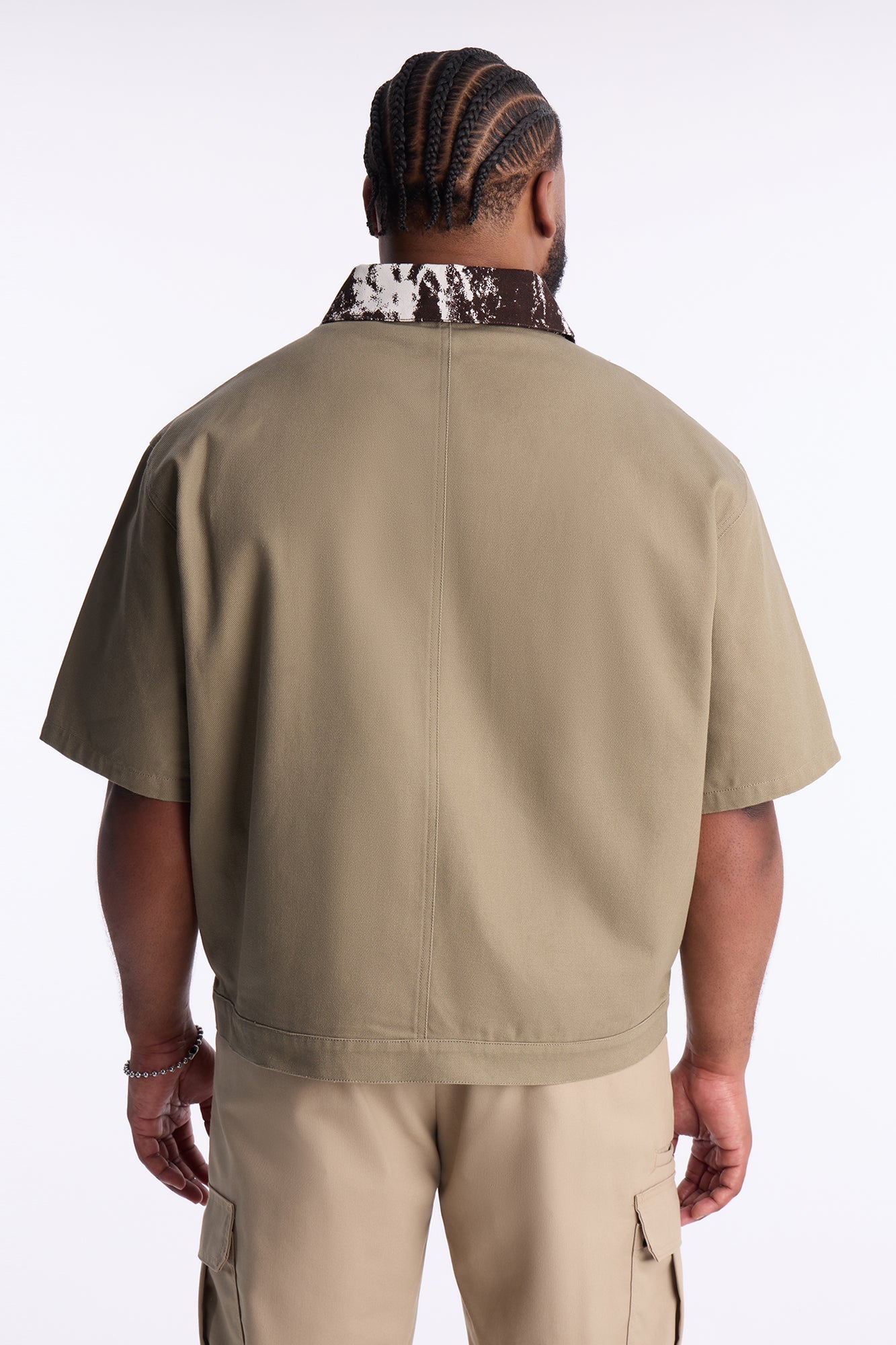 Canon Contrast Collar Zip Up Shirt - Taupe