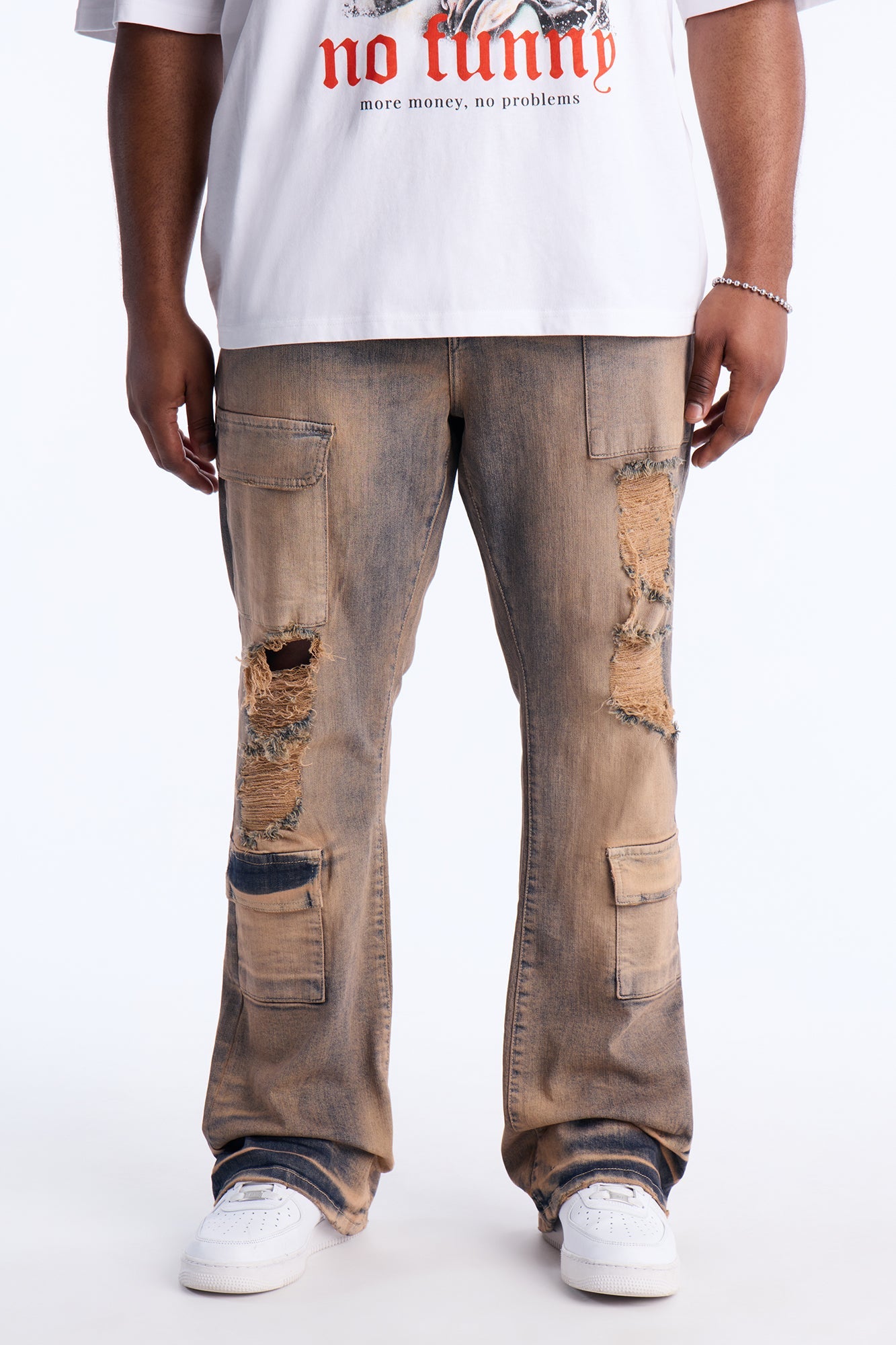 Stacked Skinny Flare No Fear Distressed Cargo Jean - Vintage Wash