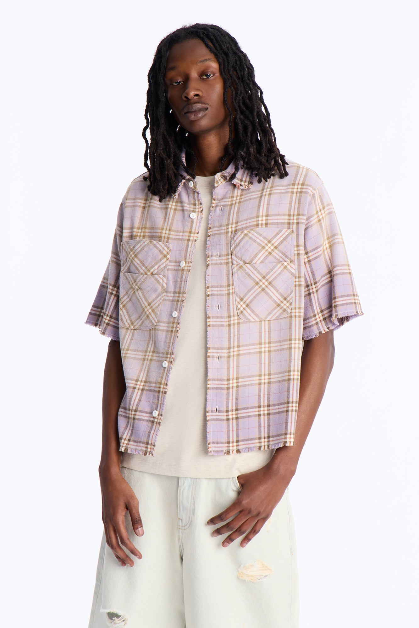 Cropped Gotta Move Flannel Button Up Shirt - Purple
