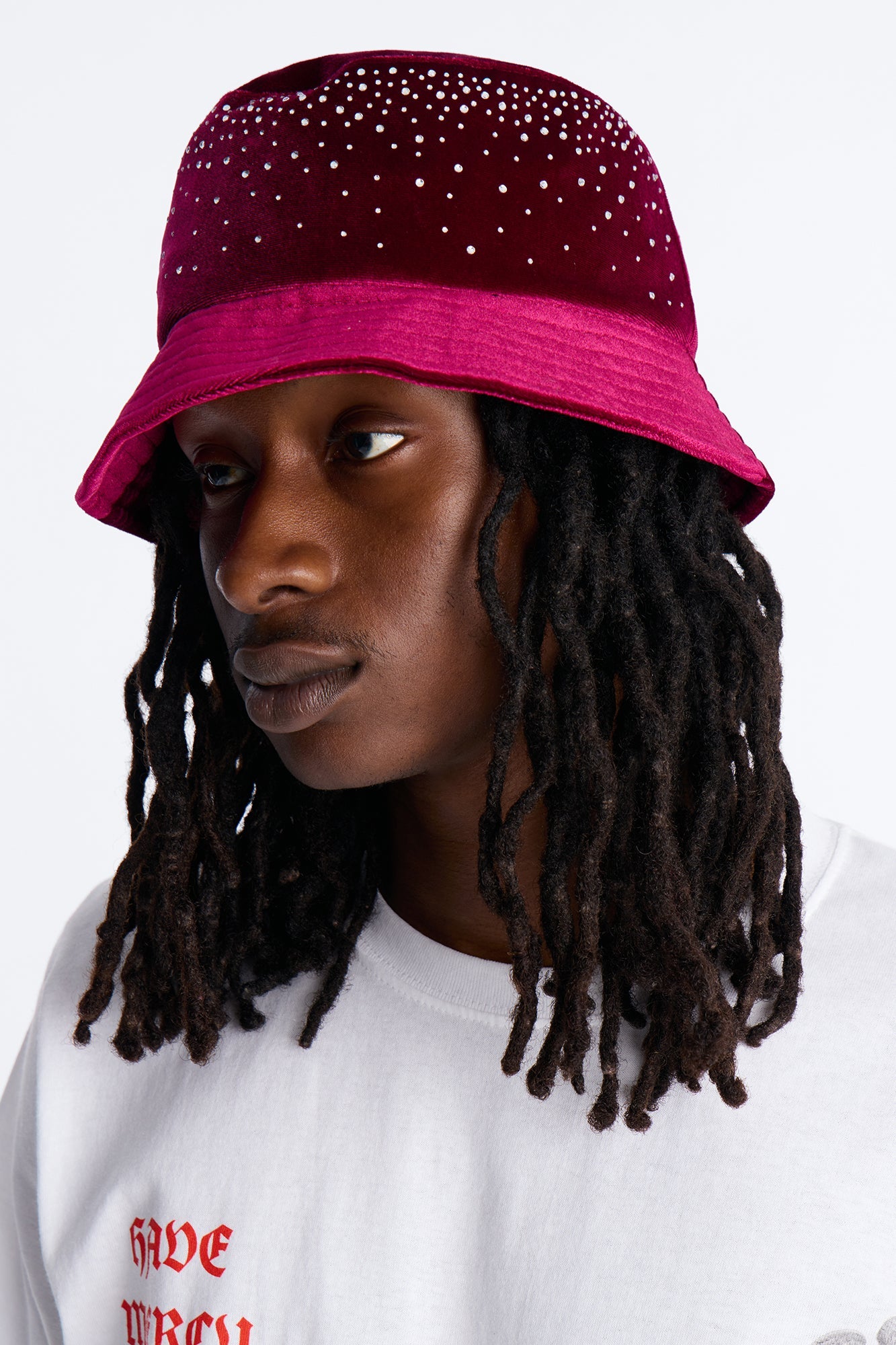 Rhinestone Embellished Bucket Hat - Burgundy