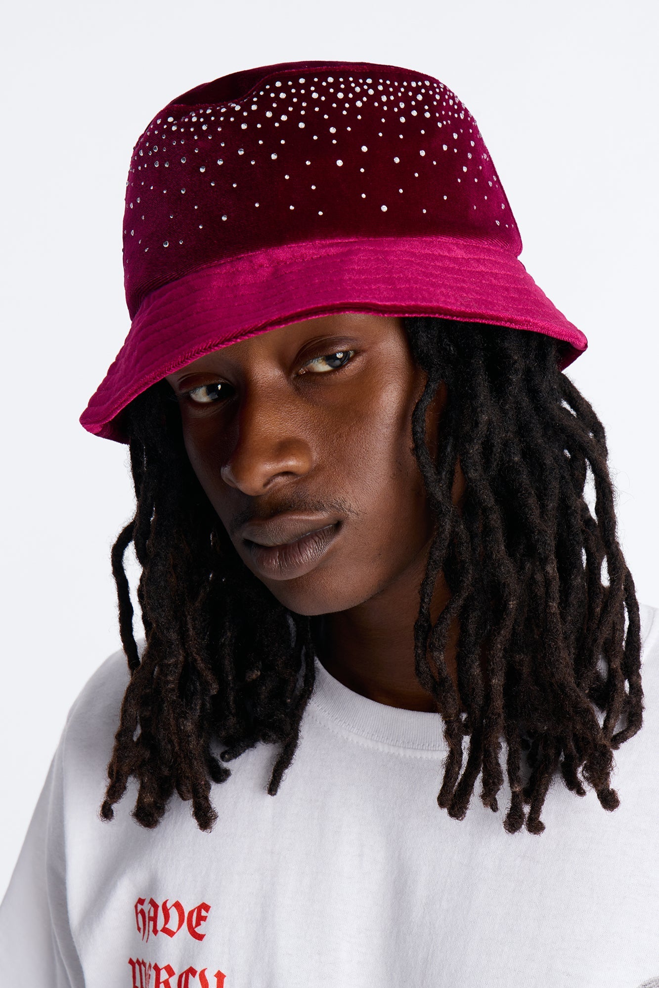Rhinestone Embellished Bucket Hat - Burgundy