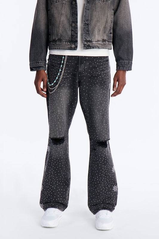 Straight Flare Static Drip Jeweled Jean - Black Wash