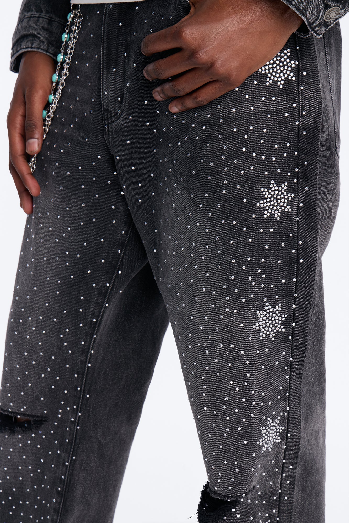 Straight Flare Static Drip Jeweled Jean - Black Wash