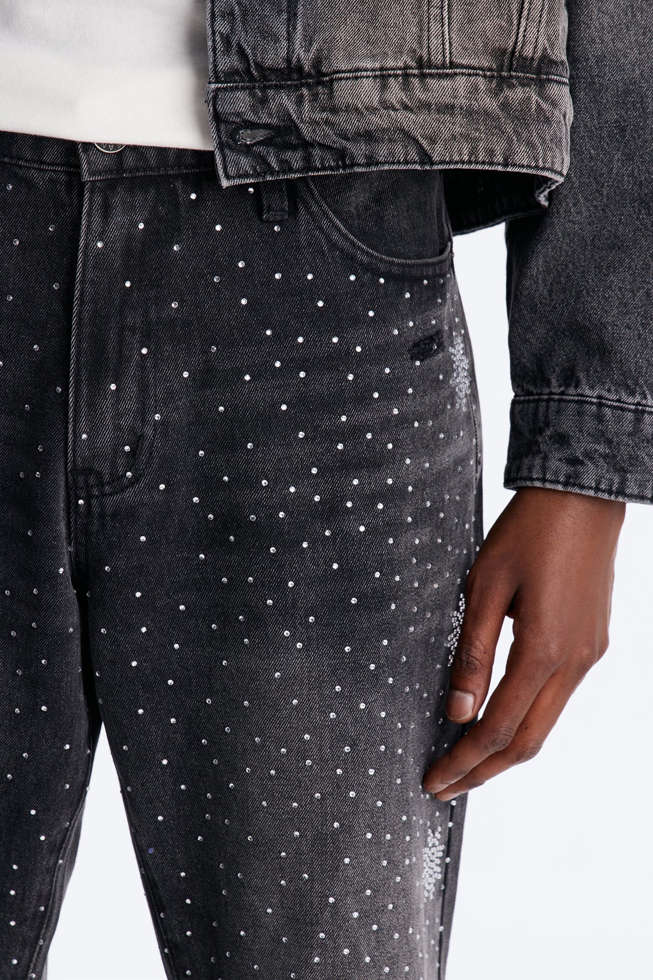 Straight Flare Static Drip Jeweled Jean - Black Wash