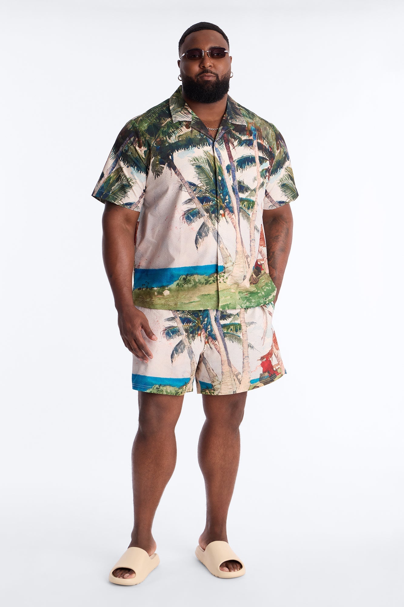 Tropical Get Away Printed Seersucker Cuban Collar Button Up Shirt - Multi Color