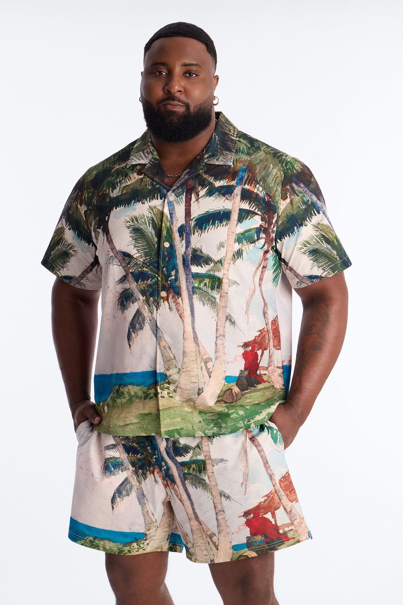 Tropical Get Away Printed Seersucker Cuban Collar Button Up Shirt - Multi Color