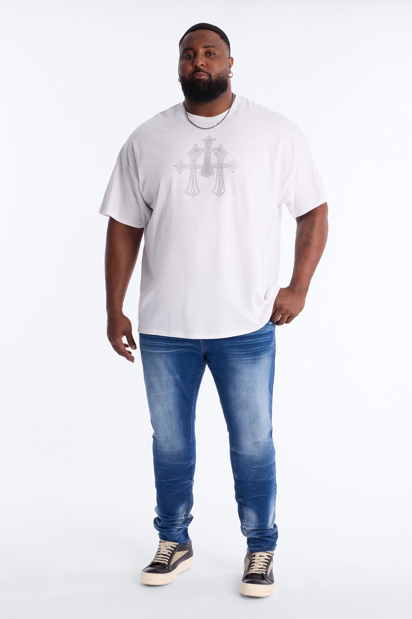 Three Crosses Rhinestones Oversized Short Sleeve Tee - White
