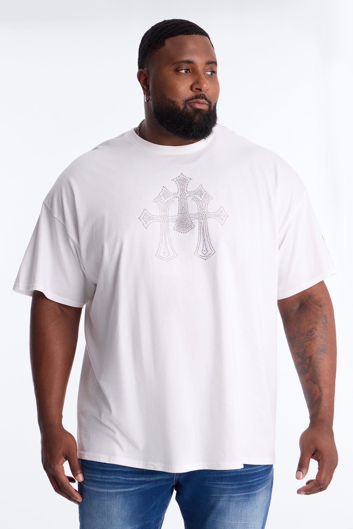 Three Crosses Rhinestones Oversized Short Sleeve Tee - White