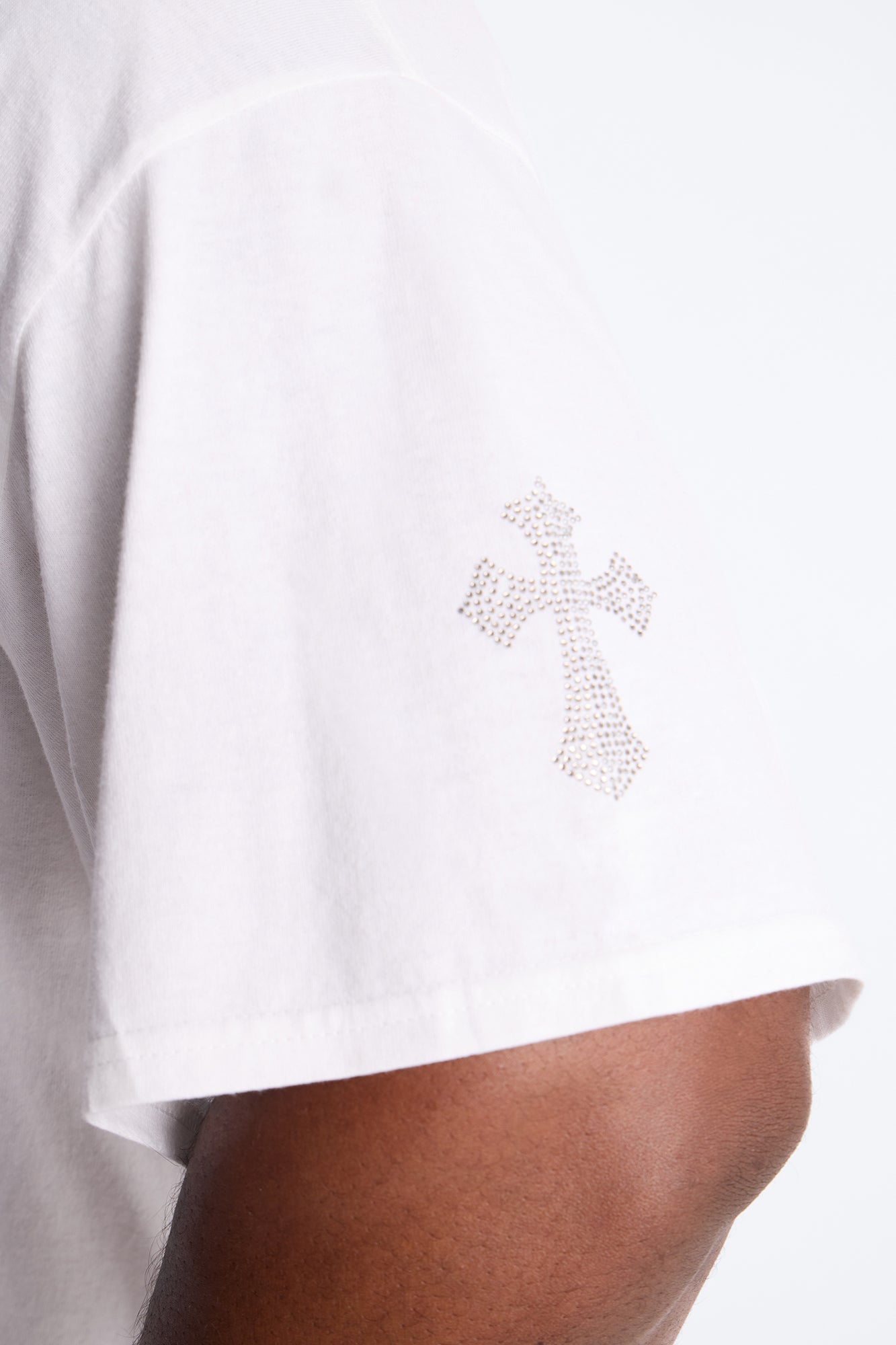 Three Crosses Rhinestones Oversized Short Sleeve Tee - White