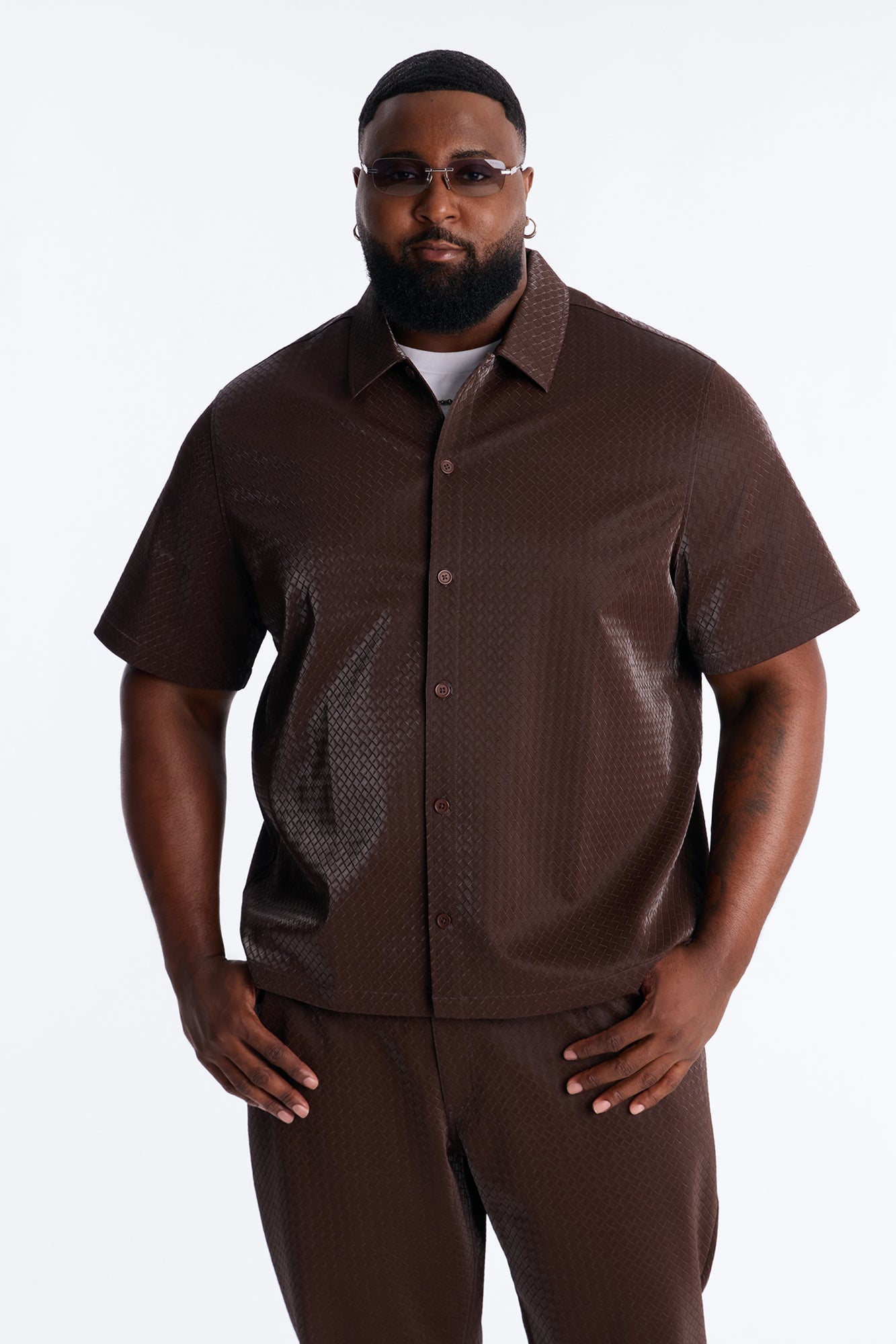 Tisse Textured Faux Leather Button Up Shirt - Brown