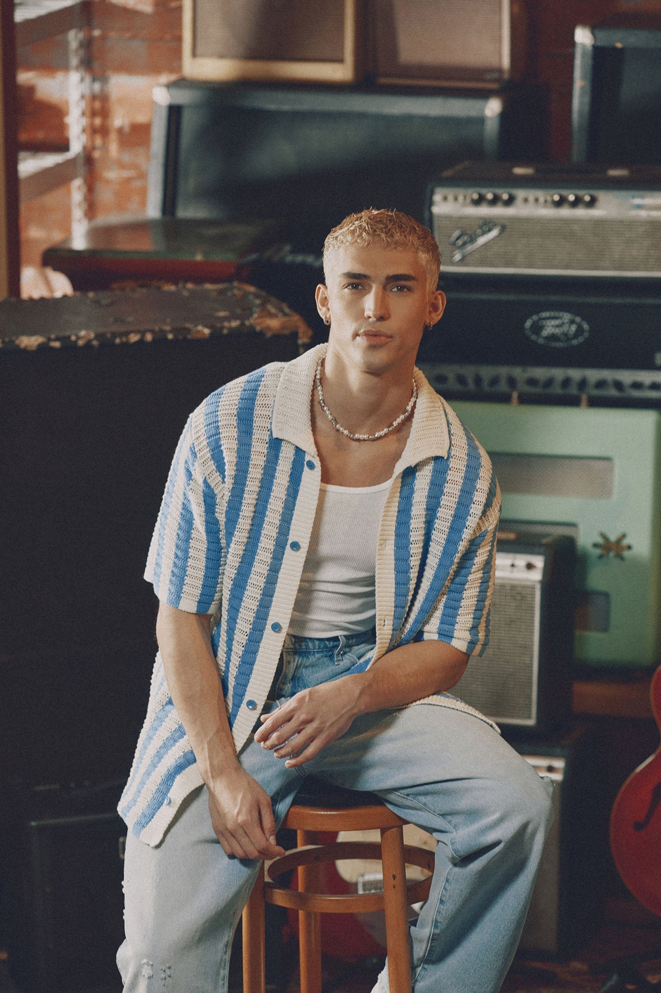 Clark Striped Knit Button Up Shirt - Blue/combo