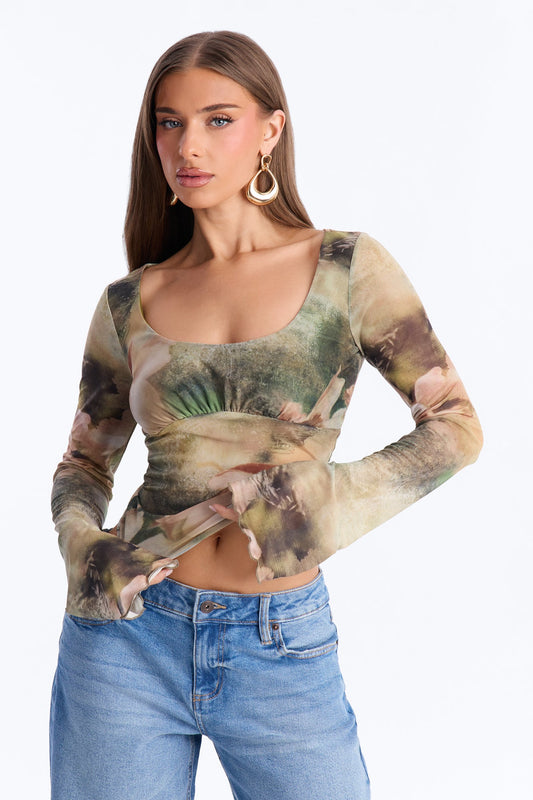 Garden Kiss Mesh Scoop Neck Long Sleeve Top - Green/combo