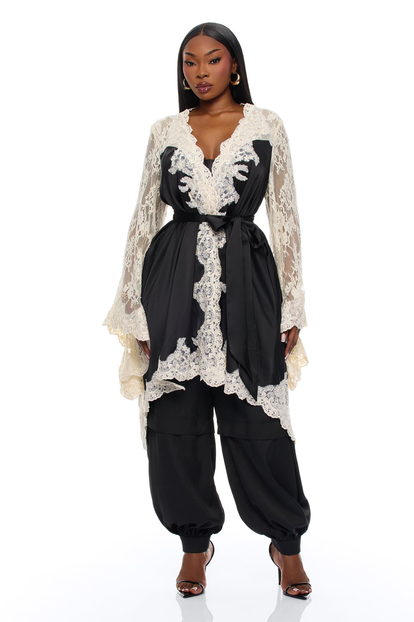 Cathryn Lace Satin Kimono - Black Fashion Nova