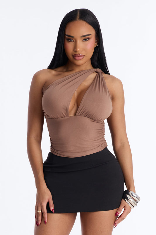 Side Attraction One Shoulder Ruched Top - Mocha