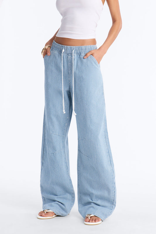 Oceanside Tie Waist Striped Tie Waist Jeans - Light Wash
