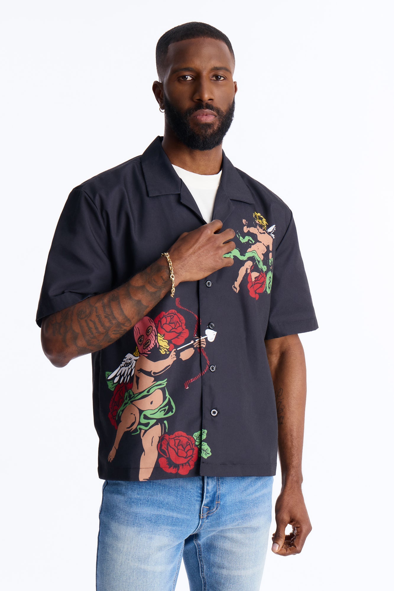 Rose Angel Street Cuban Collar Shirt - Black