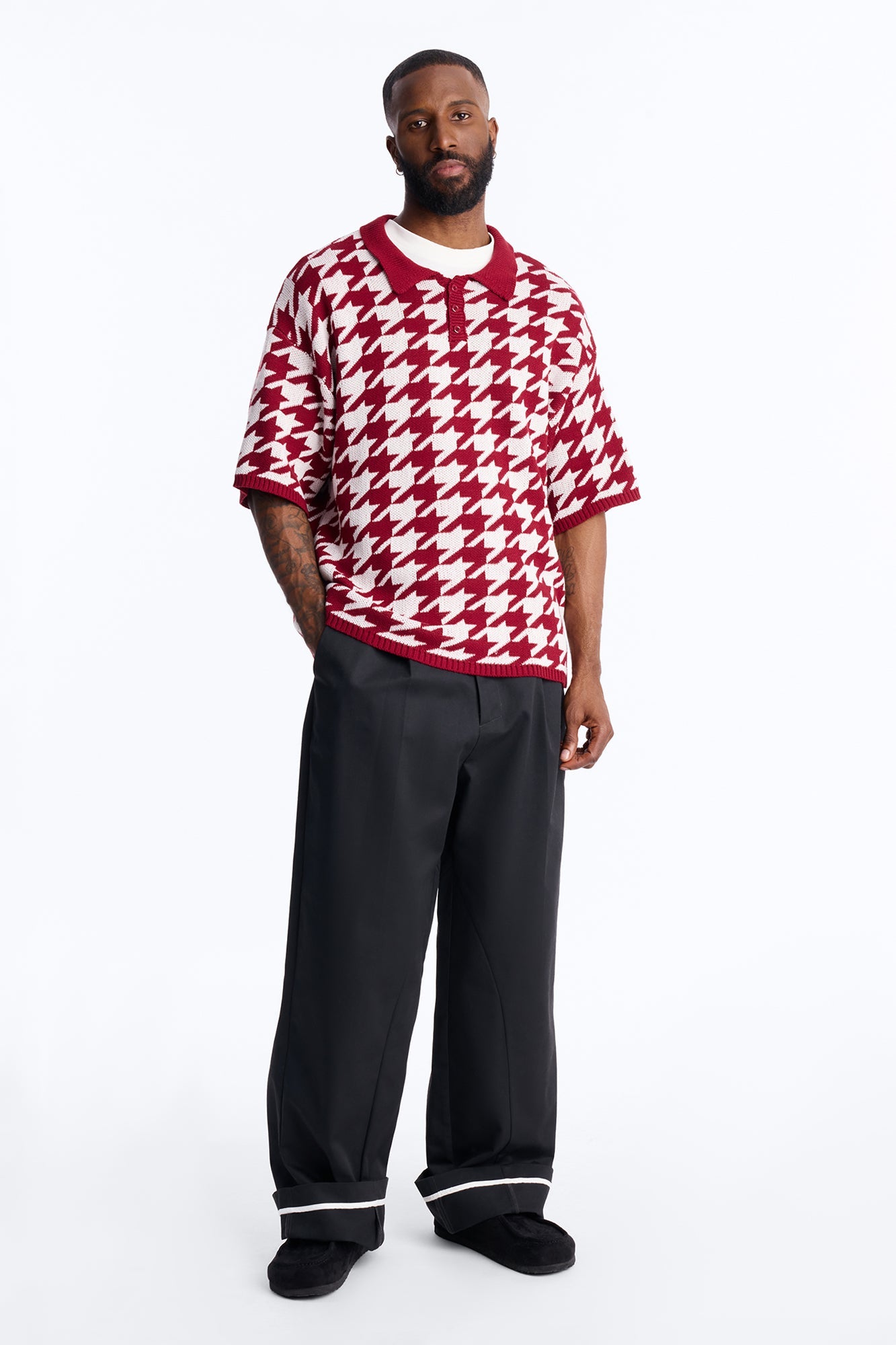 Houndstooth Short Sleeve Knitted Polo - Burgundy