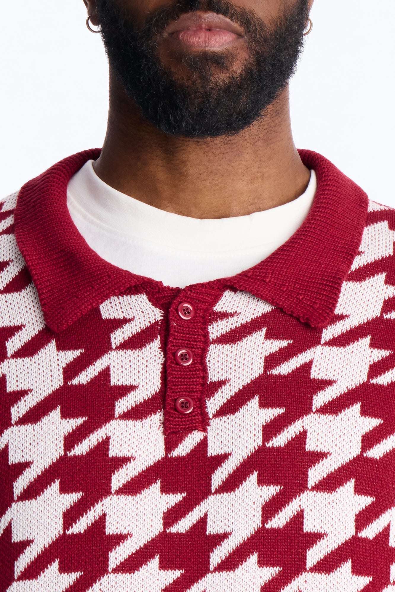 Houndstooth Short Sleeve Knitted Polo - Burgundy