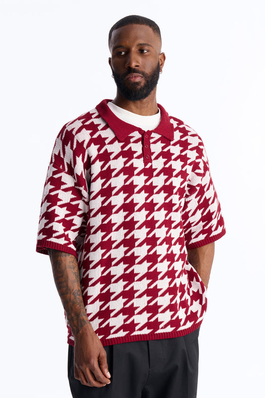 Houndstooth Short Sleeve Knitted Polo - Burgundy