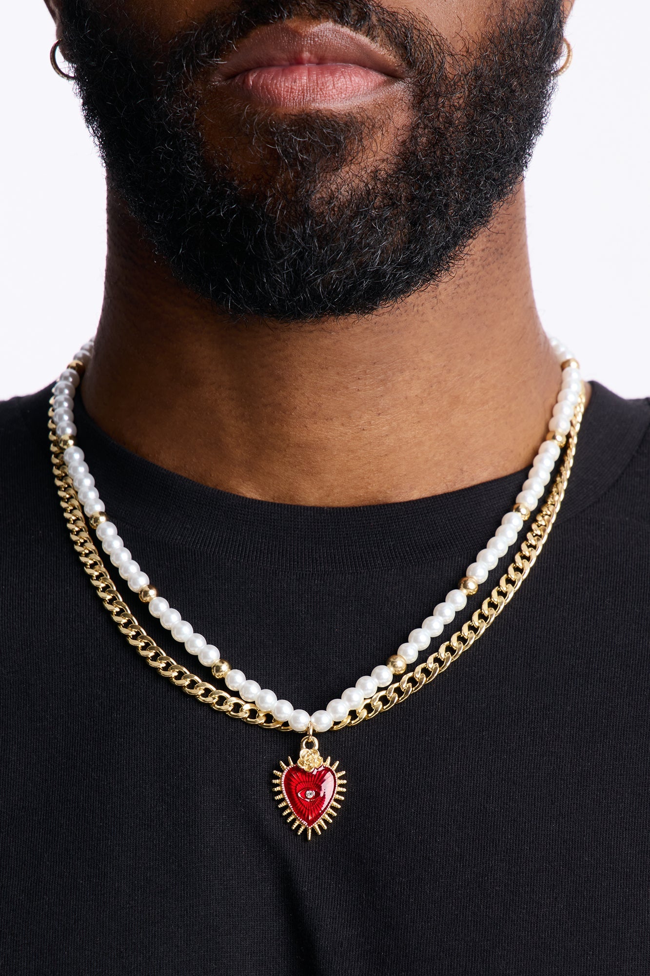 Sacred Heart Pearl And Cuban Necklace Set - Gold