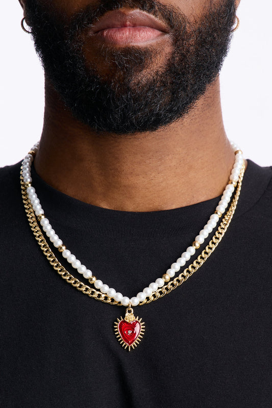 Sacred Heart Pearl And Cuban Necklace Set - Gold