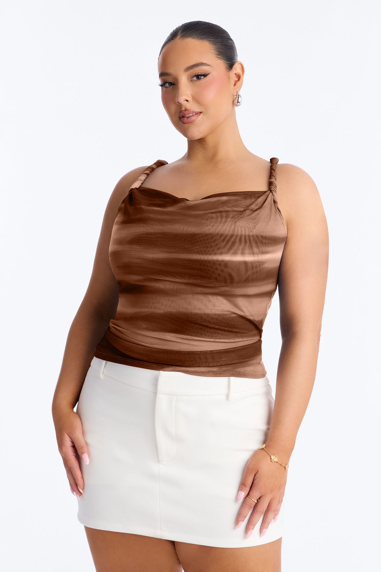 Abstract Dream Mesh Cowl Neck Twist Top - Taupe/combo