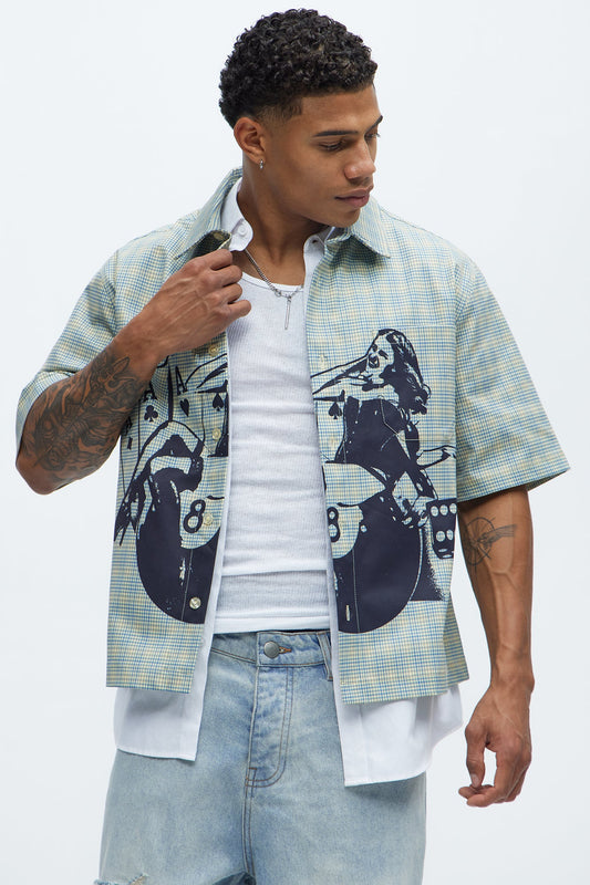 Cropped Pin Up Graphic Button Up Shirt - Green/combo