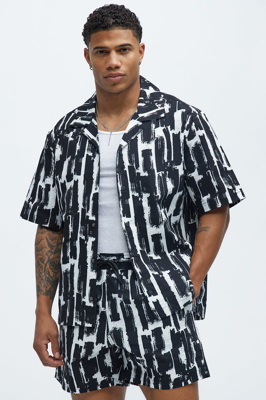Seersucker Printed Short Sleeve Cuban Collar Shirt - Black/combo