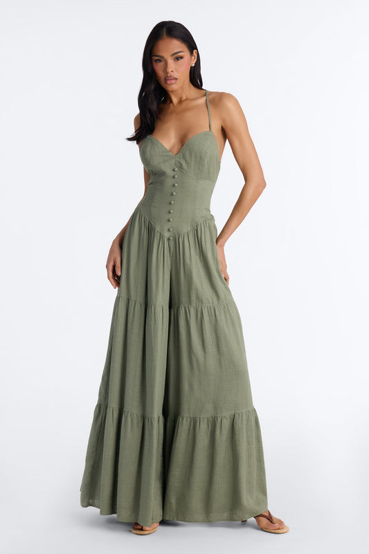 Belle Denim Tiered Wide Leg Jumpsuit - Olive Fashion Nova