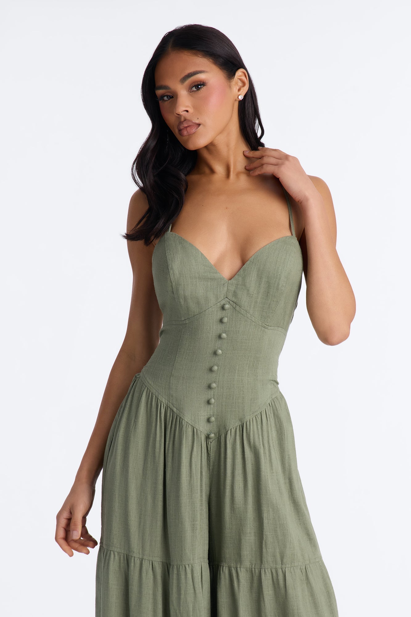 Belle Denim Tiered Wide Leg Jumpsuit - Olive Fashion Nova