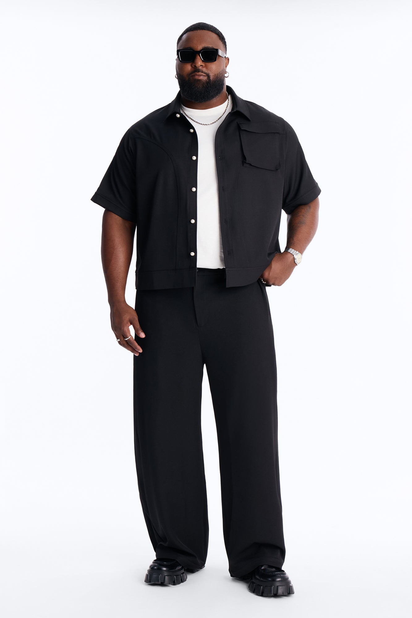 Pearl Paneled Utility Button Up Shirt - Black