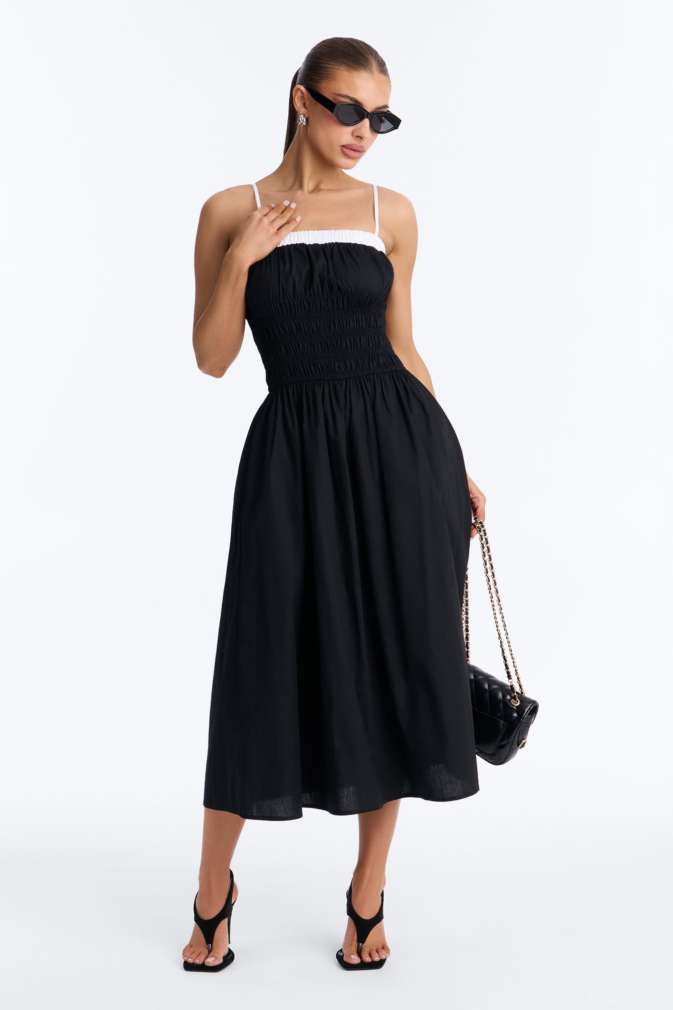 Sabrina Ruched Poplin Midi Dress - Black/White Fashion Nova